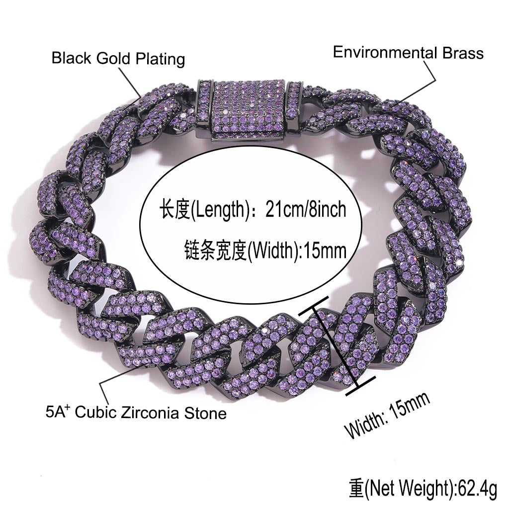 Products Hiphop Bracelet Men Purple Zircon 15mm Rhombus Cuban Chain Copper Inlaid Zircon Hip Hop Cuban Link Chain Bracelet