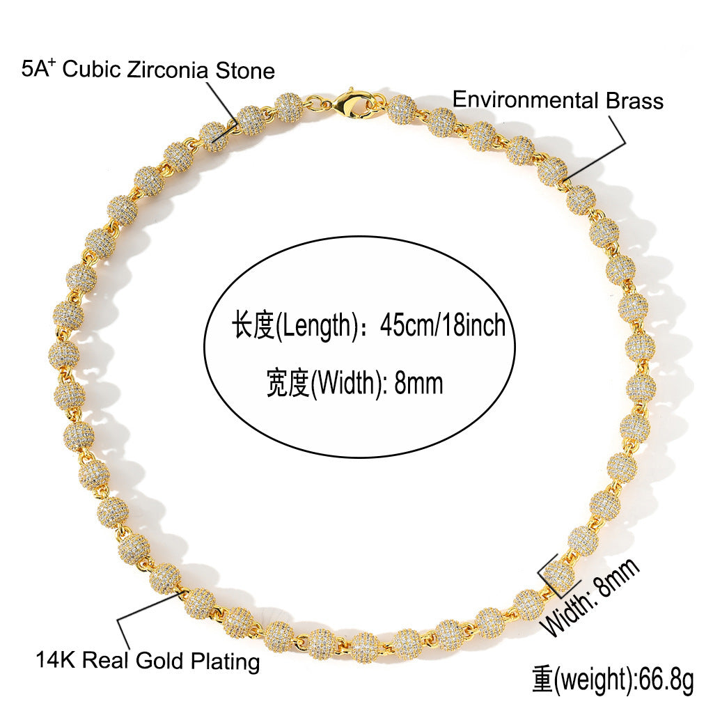 8MM Fashion 3D Round Bead Chain Copper Zircon Hip Hop Jewelry 14K Gold Spiked Womens Cuban Link Chain Necklaces