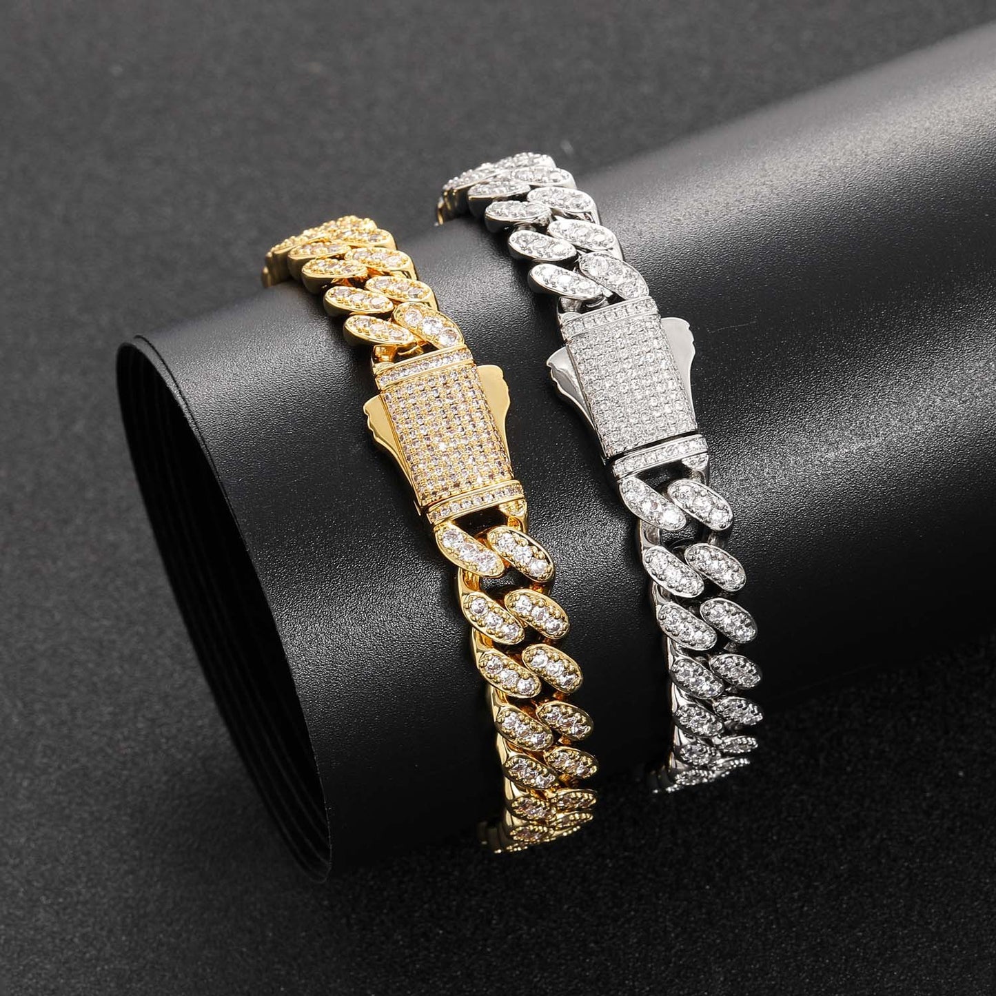 9mm Single Row Zircon Cuban Chain Spring Buckle Men Personality Bracelet Trendy Jewelry