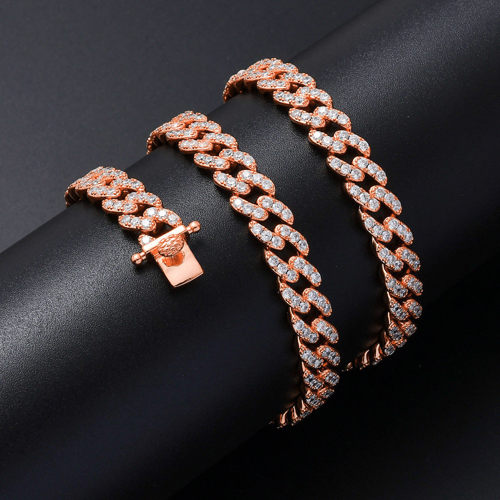 Hip Hop Fashion 9mm 1 Row White Zircon Rose Gold Iced Out Miami Cuban Link Chain Necklace Jewelry