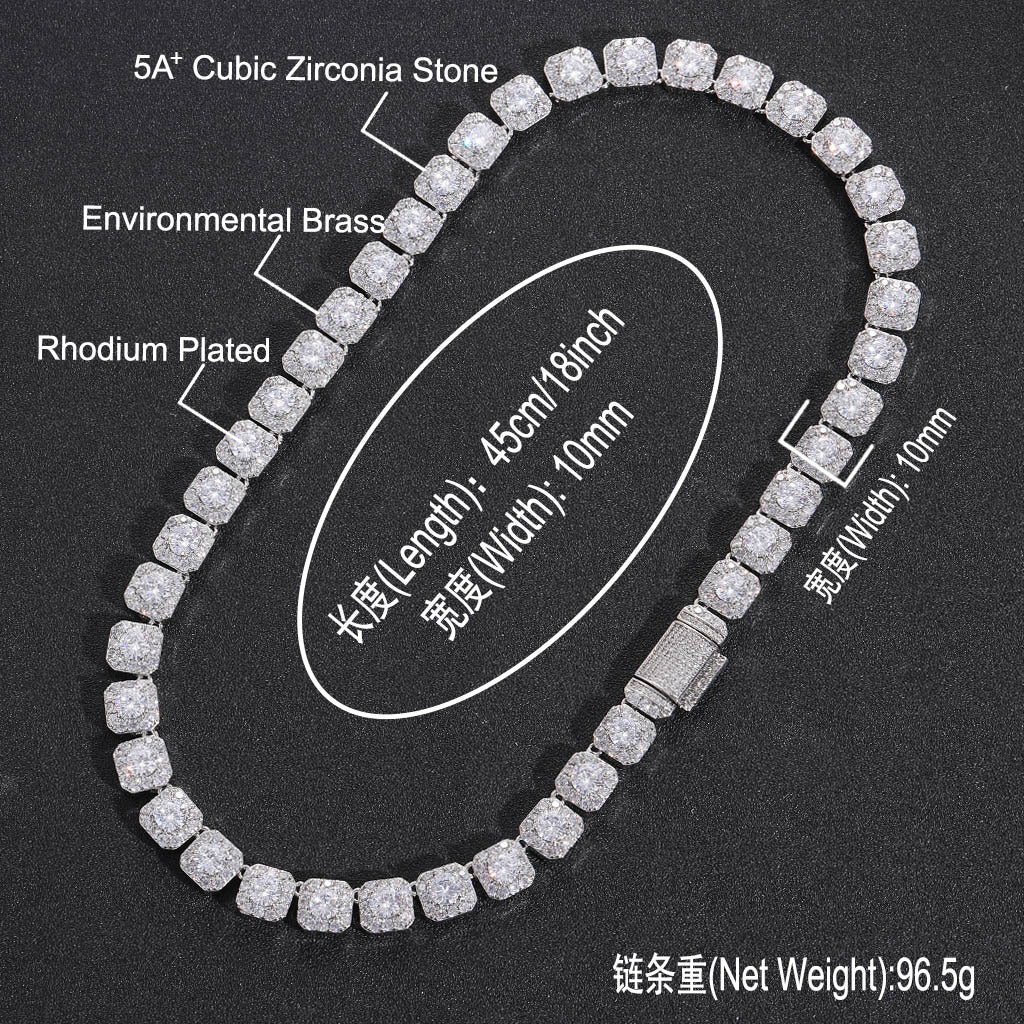 European American Hip Hop Necklace 10mm Wide Rock Sugar Tennis Link Chain Zircon Necklace Flip Trend Men Necklace Jewelry