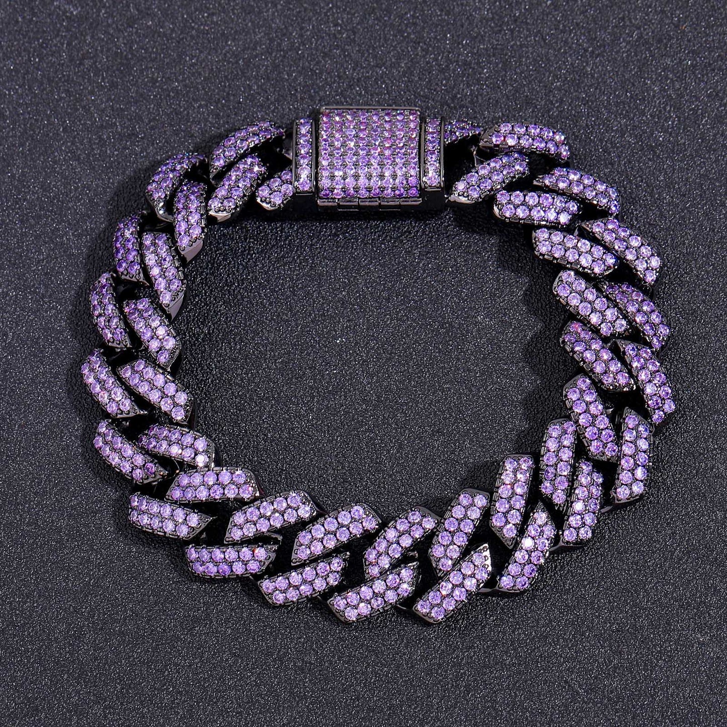 Products Hiphop Bracelet Men Purple Zircon 15mm Rhombus Cuban Chain Copper Inlaid Zircon Hip Hop Cuban Link Chain Bracelet