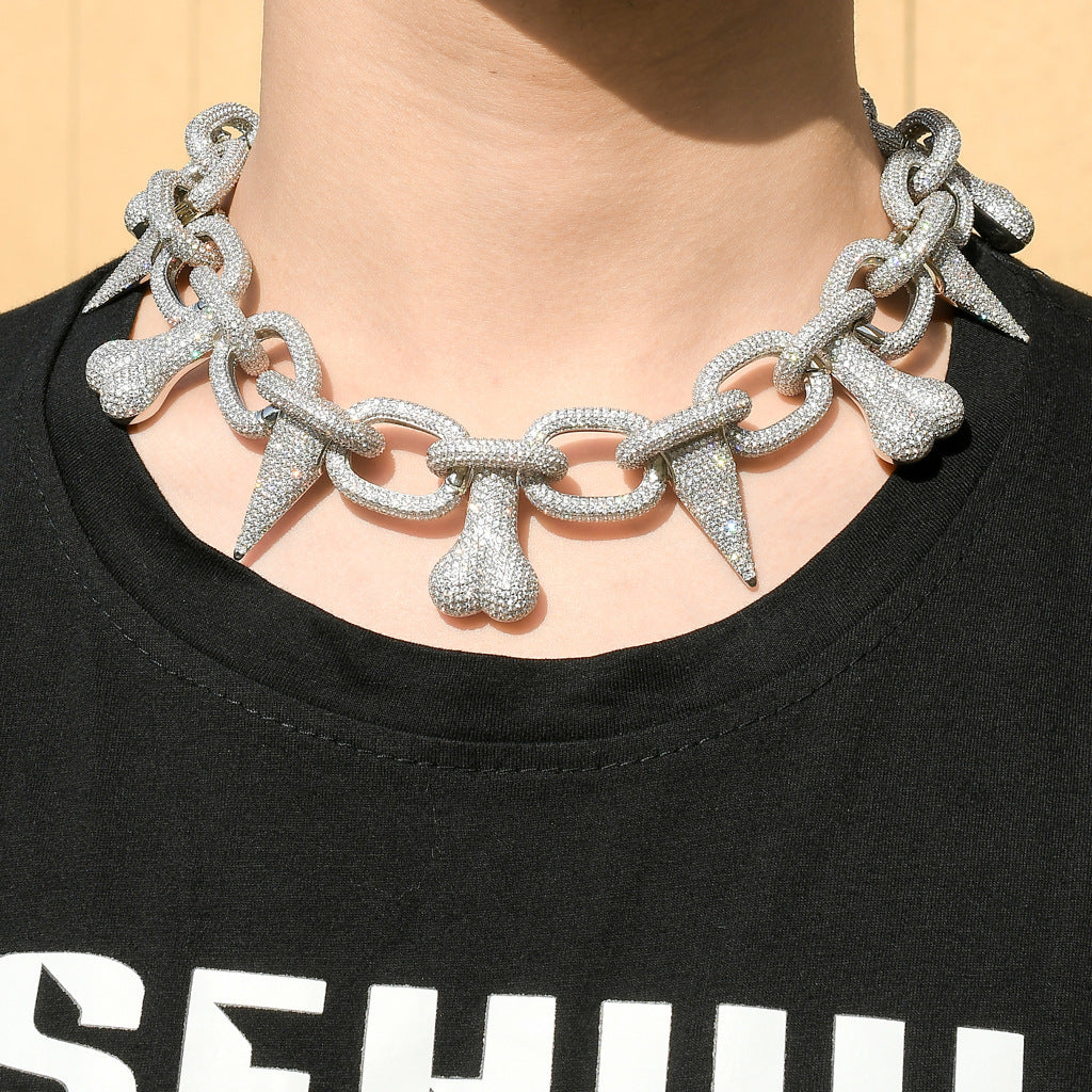 Bone Spiked Necklace Hip Hop Exaggerated Necklace Micro Pave Zircon Chain Jewelry