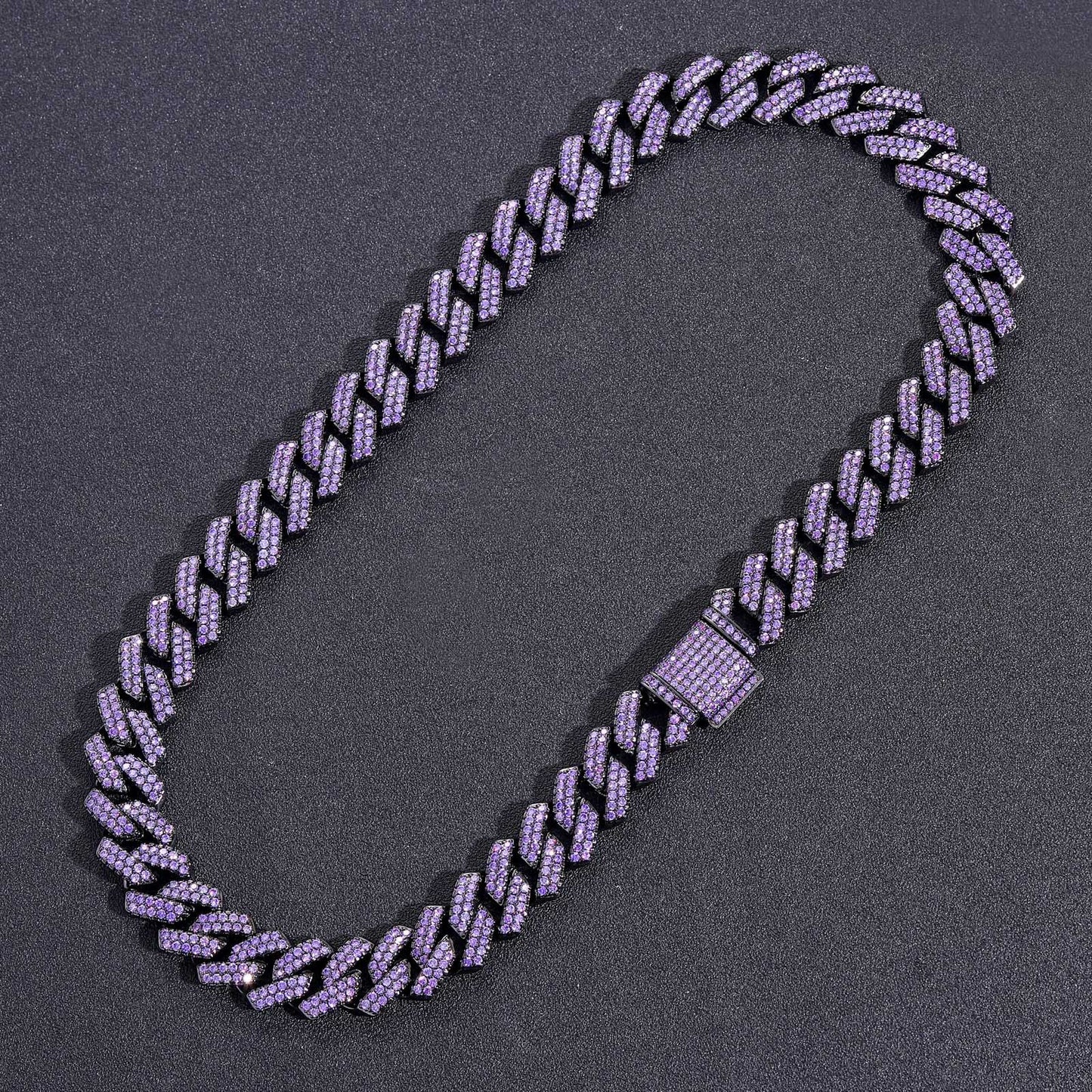 Hiphop Necklace Men Purple Zircon 15mm Rhombus Cuban Chain Copper Inlaid Zircon Hip Hop Cuban Link Chain Necklace