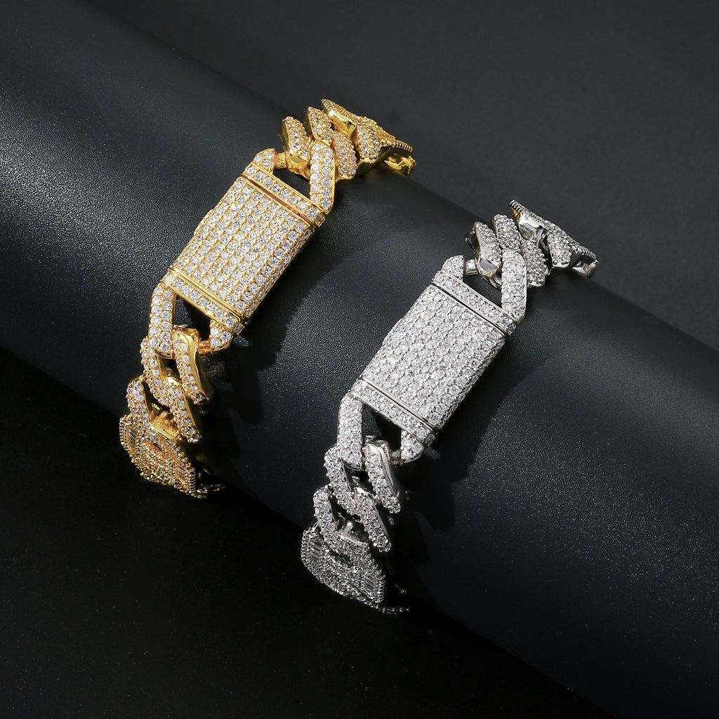 New Hip Hop Necklace 15MM Brass Zircon Two Colors Three To One Pig Nose Cuban Link Chain Necklace Jewelry
