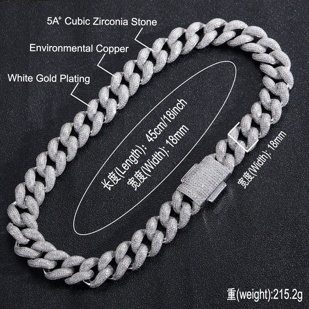 European And American New Hiphop Necklace 18mm Encrypted Bubble Cuban Chain Spring Buckle Full Zircon Domineering Necklace Jewelry