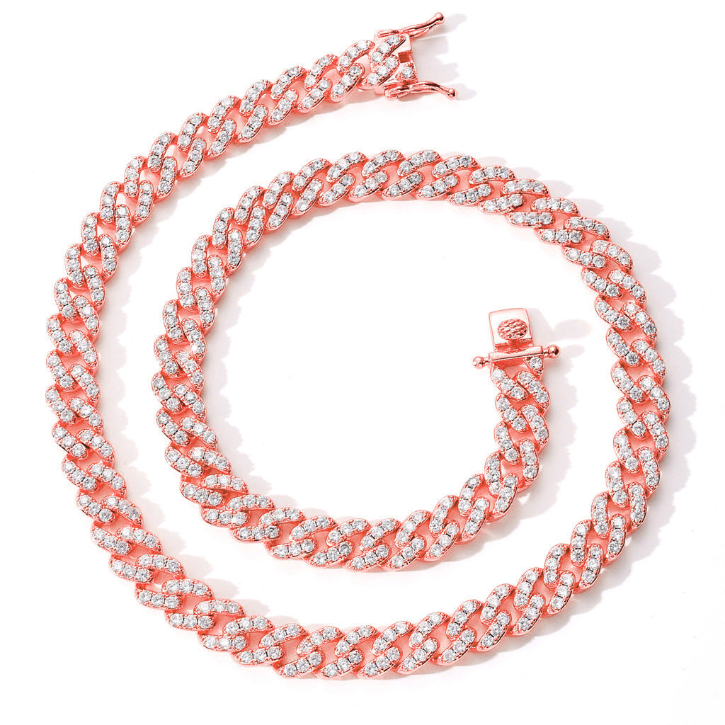Hip Hop Fashion 9mm 1 Row White Zircon Rose Gold Iced Out Miami Cuban Link Chain Necklace Jewelry