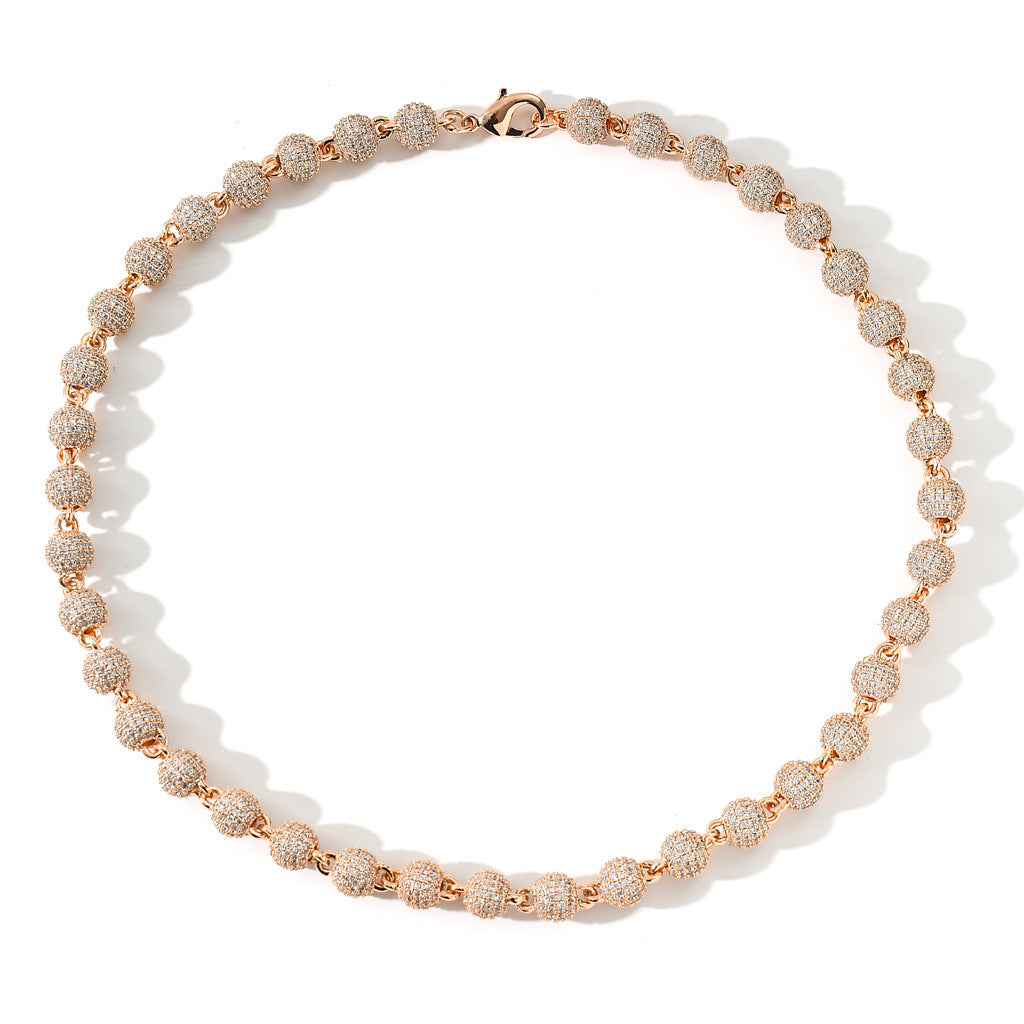 8MM Fashion 3D Round Bead Chain Copper Zircon Hip Hop Jewelry 14K Gold Spiked Womens Cuban Link Chain Necklaces