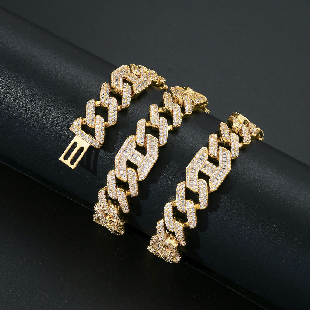 New Hip Hop Necklace 15MM Brass Zircon Two Colors Three To One Pig Nose Cuban Link Chain Necklace Jewelry