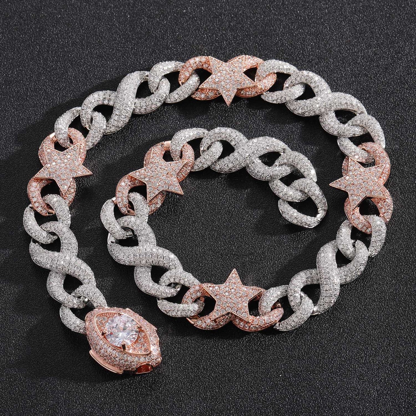 Hip Hop New Two Tone Five Pointed Star Eye Buckle Cuban Brass Micro Pave Cubic Zircon Punk Necklace