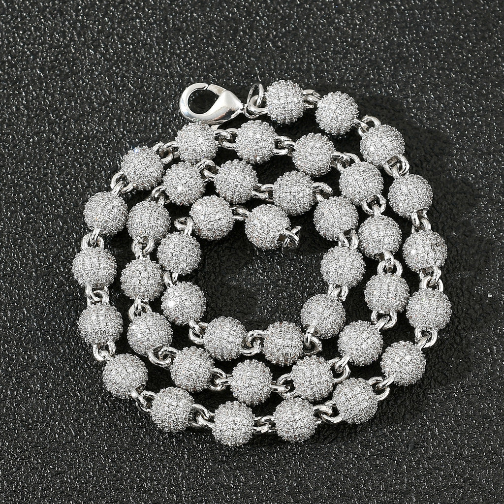 8MM Fashion 3D Round Bead Chain Copper Zircon Hip Hop Jewelry 14K Gold Spiked Womens Cuban Link Chain Necklaces