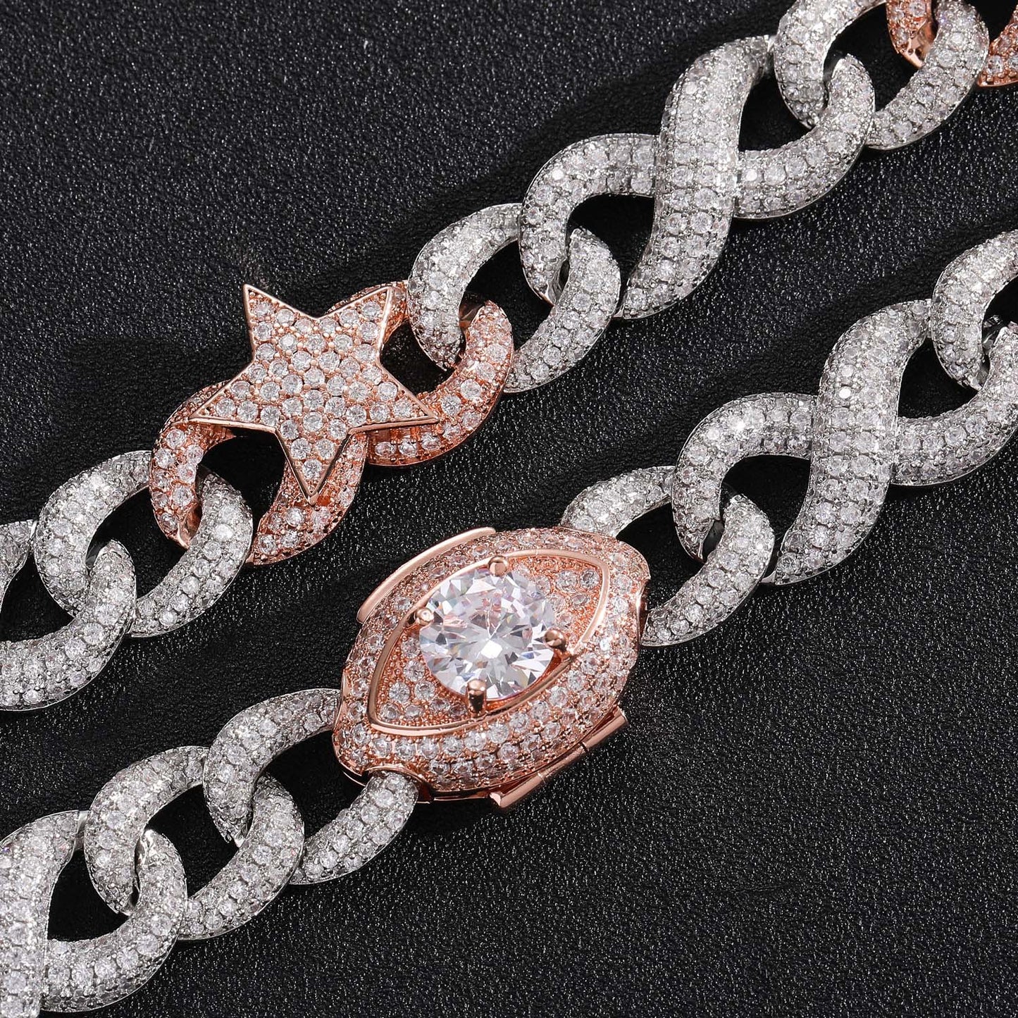 Hip Hop New Two Tone Five Pointed Star Eye Buckle Cuban Brass Micro Pave Cubic Zircon Punk Necklace