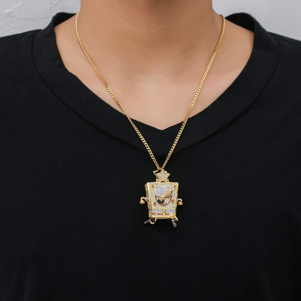 European American Cartoon Animation SpongeBob SquarePants Pendant Hip-hop Micro-inlaid Zircon Trendy Charm pendant jewelry