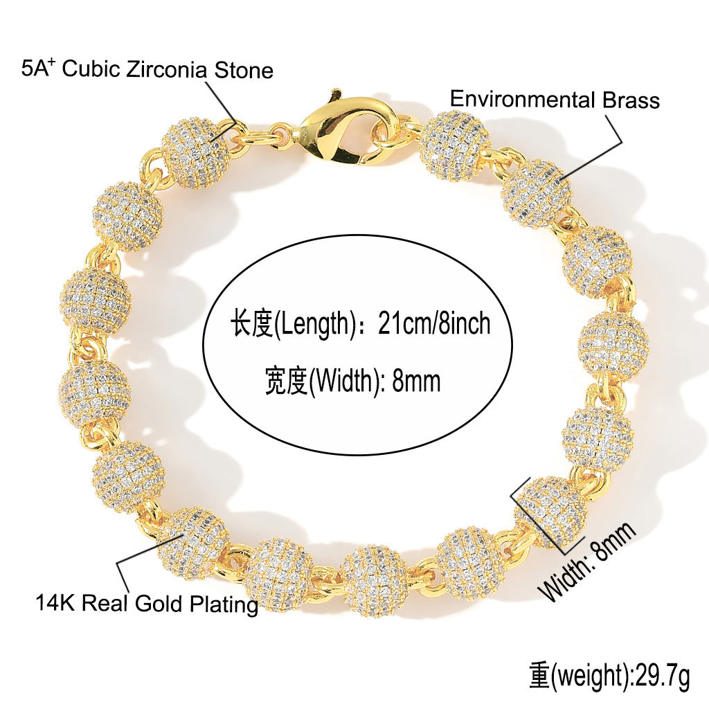 Wholesale Price Hip Hop Men 8mm Ball Chain Necklace 14K Gold Plated Iced Out Luxury Choker Cuban Chain Bracelet Beads Jewelry