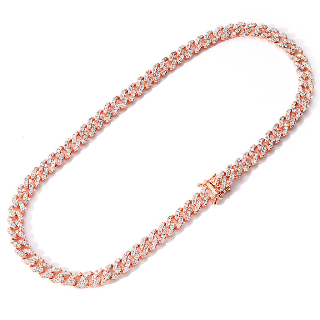 Hip Hop Fashion 9mm 1 Row White Zircon Rose Gold Iced Out Miami Cuban Link Chain Necklace Jewelry