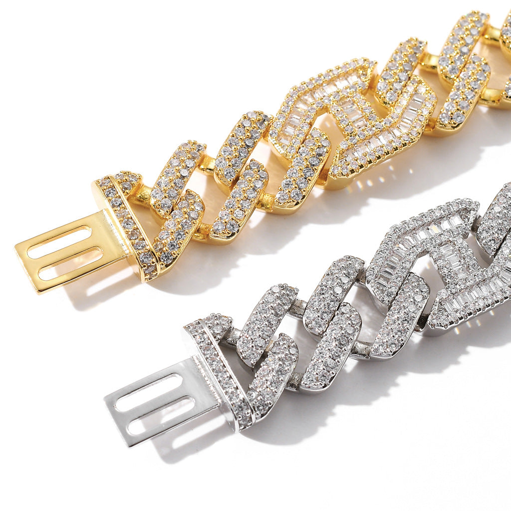 New Hip Hop Necklace 15MM Brass Zircon Two Colors Three To One Pig Nose Cuban Link Chain Necklace Jewelry