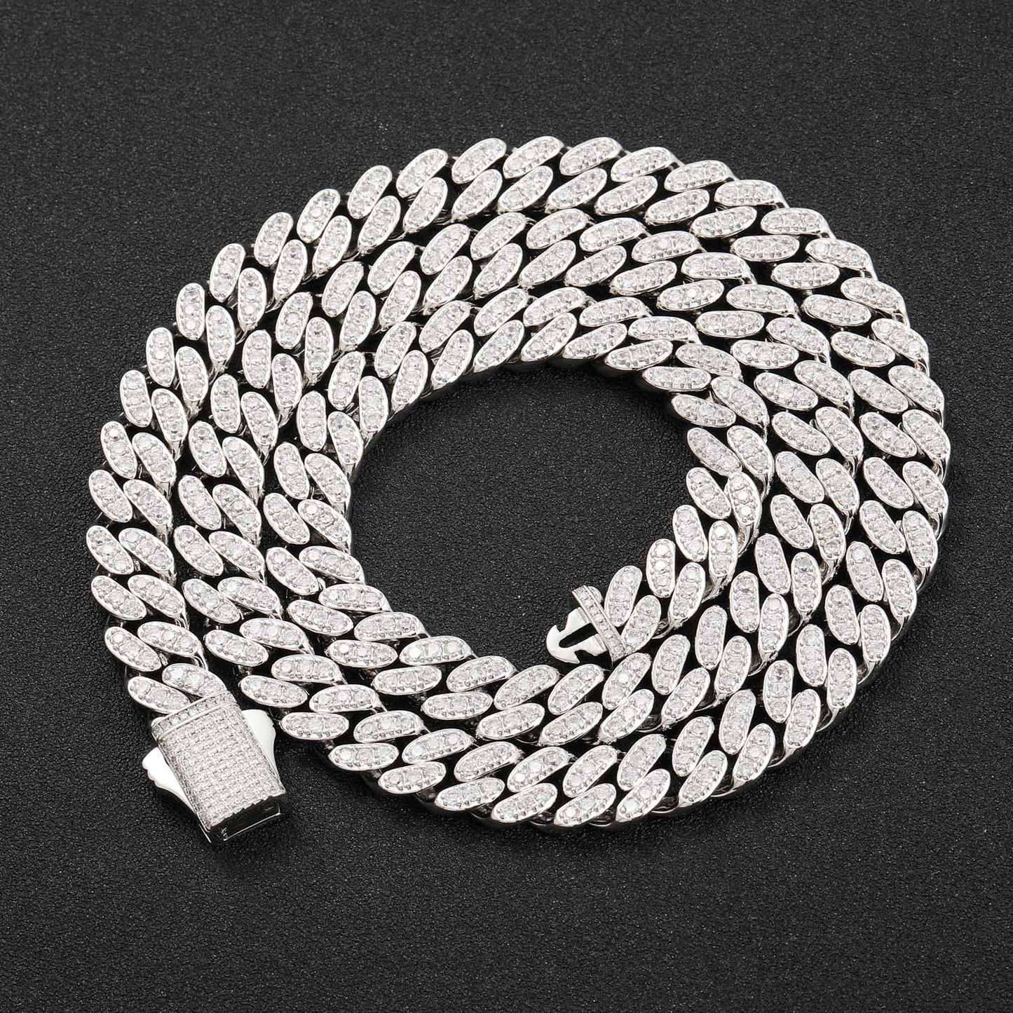 9mm Single Row Zircon Cuban Chain Spring Buckle Men's Personality Necklace Trendy Jewelry