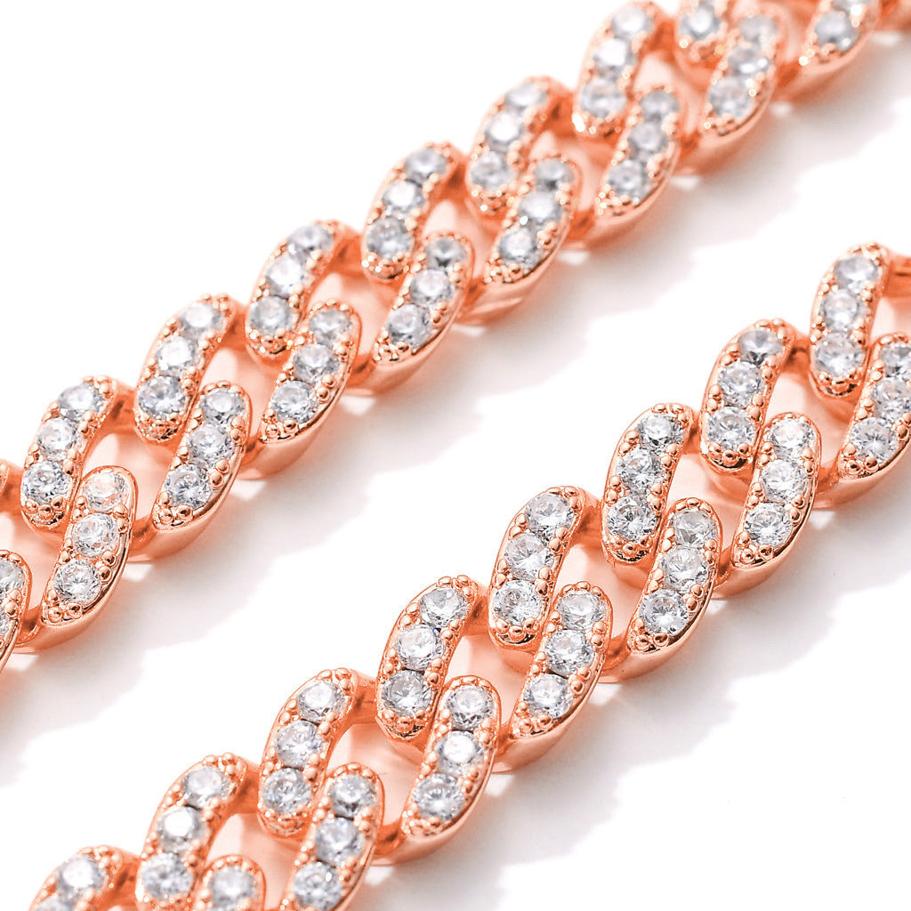 Hip Hop Fashion 9mm 1 Row White Zircon Rose Gold Iced Out Miami Cuban Link Chain Necklace Jewelry