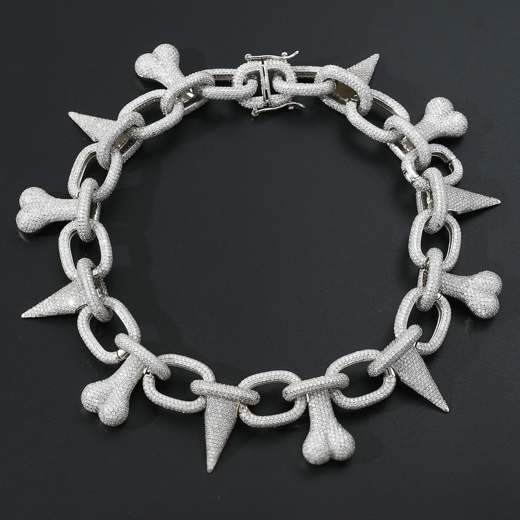 Bone Spiked Necklace Hip Hop Exaggerated Necklace Micro Pave Zircon Chain Jewelry