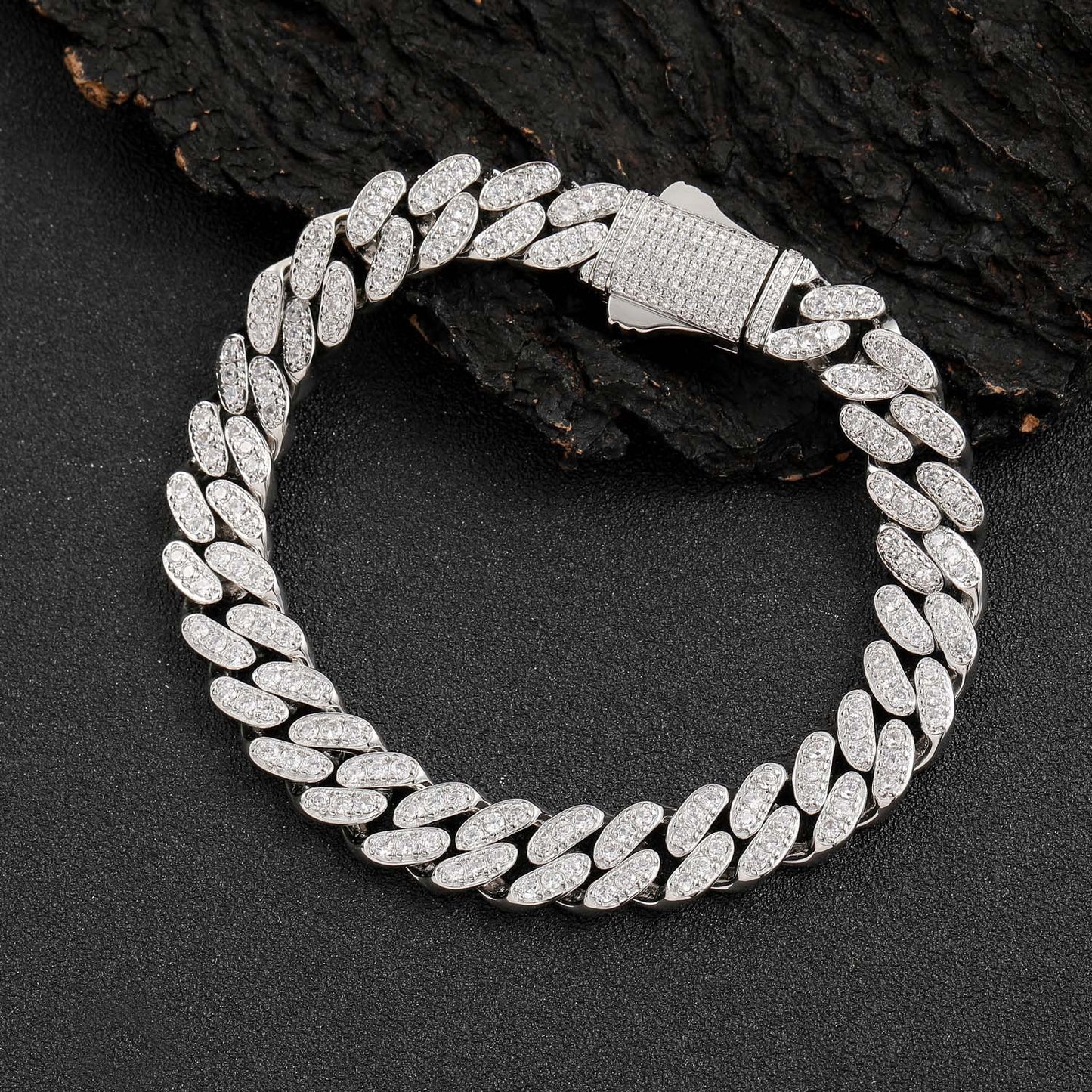 9mm Single Row Zircon Cuban Chain Spring Buckle Men Personality Bracelet Trendy Jewelry
