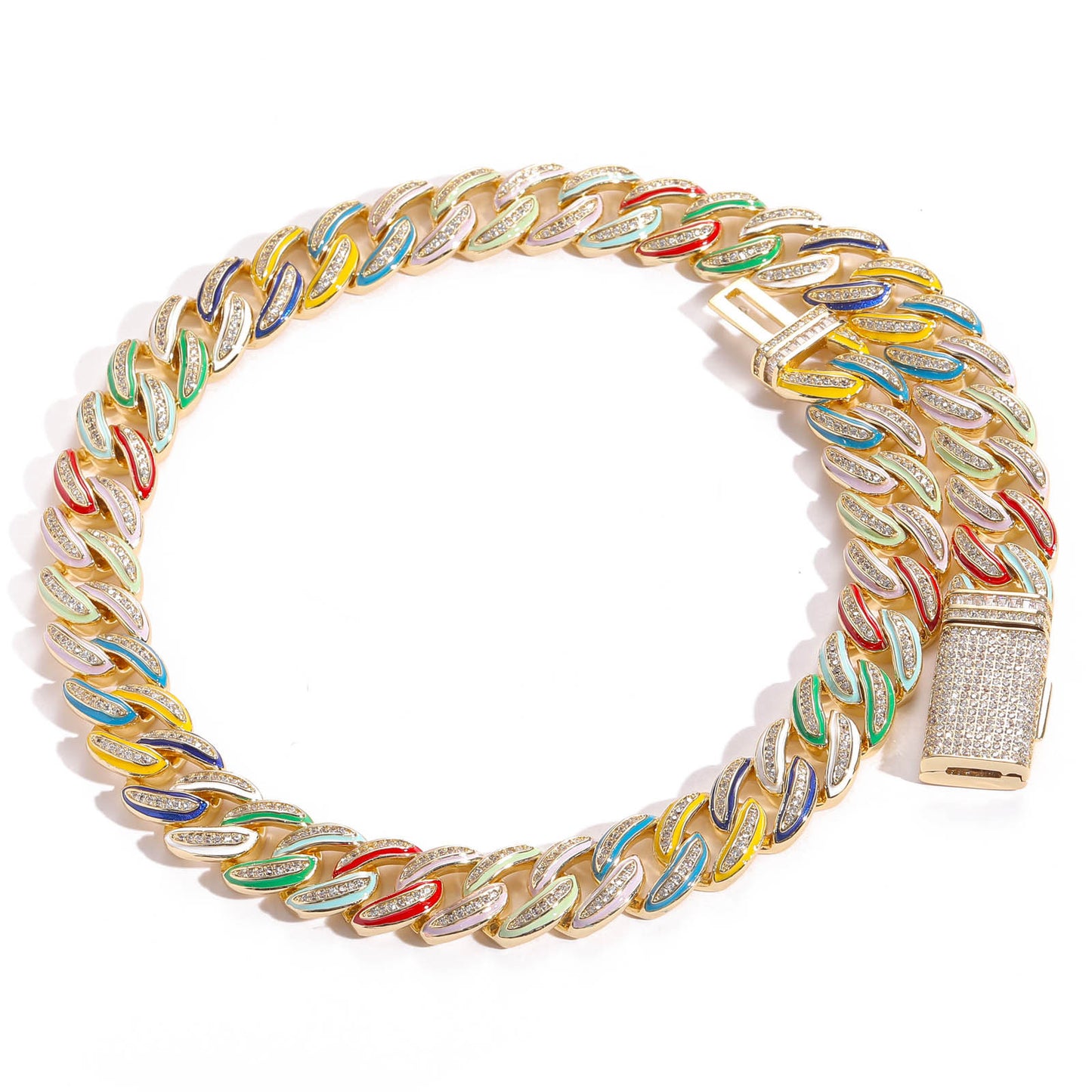 Real Iced Out Jewelry For Cheap Brass jewelry Gold Plated With Bling Zircon 15mm Rainbow Oil Women Men Cuban Chain Choker Necklace