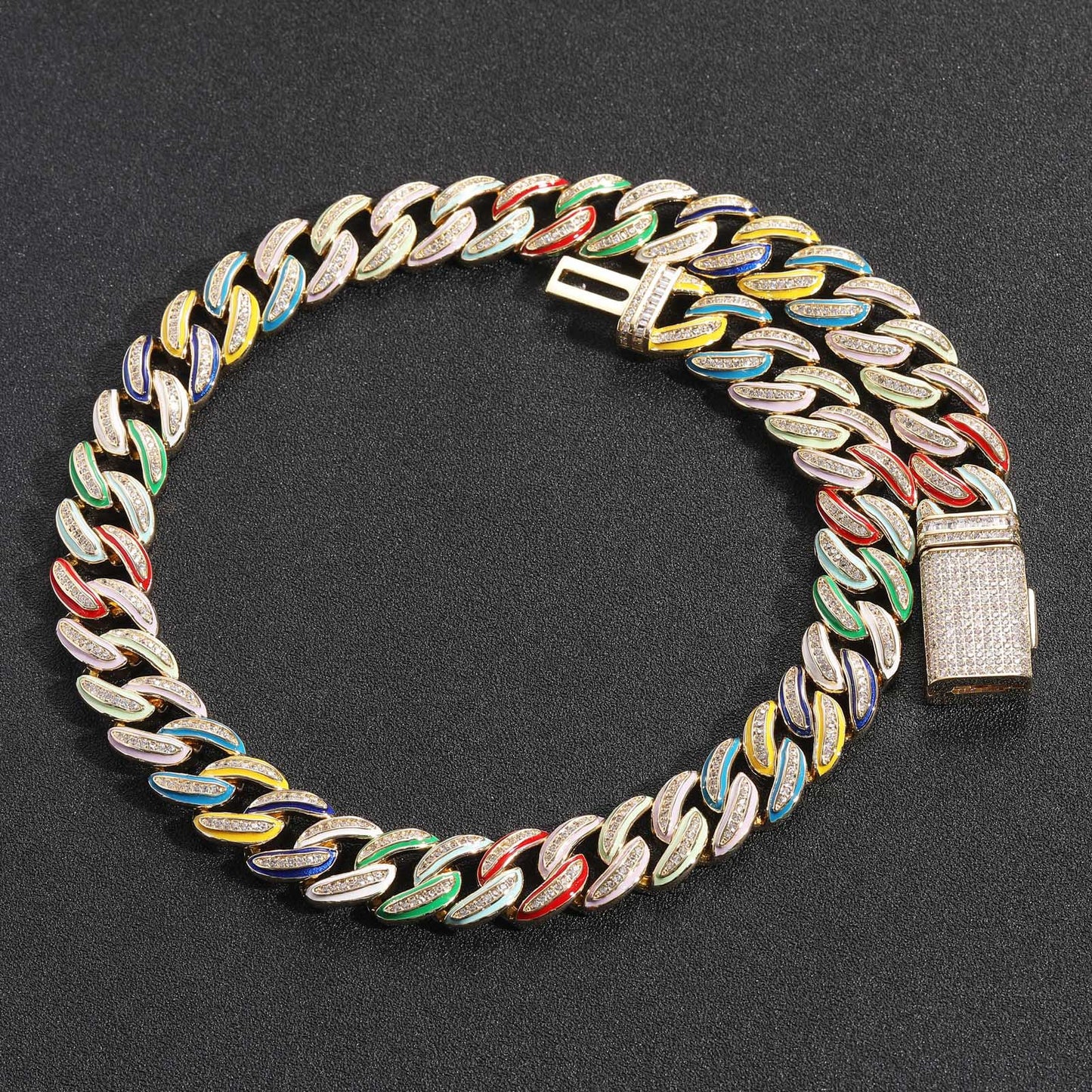 Real Iced Out Jewelry For Cheap Brass jewelry Gold Plated With Bling Zircon 15mm Rainbow Oil Women Men Cuban Chain Choker Necklace