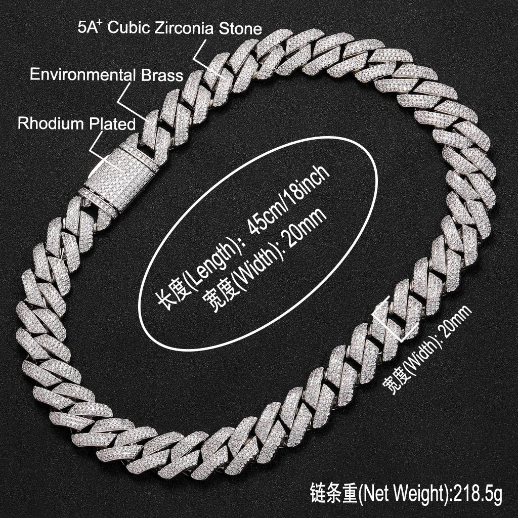 Hip Hop 20mm Three Row Brass Micro Pave ZIrcon Cuban Link Chain Thick Rhombus Full Diamond Men Necklace Jewelry