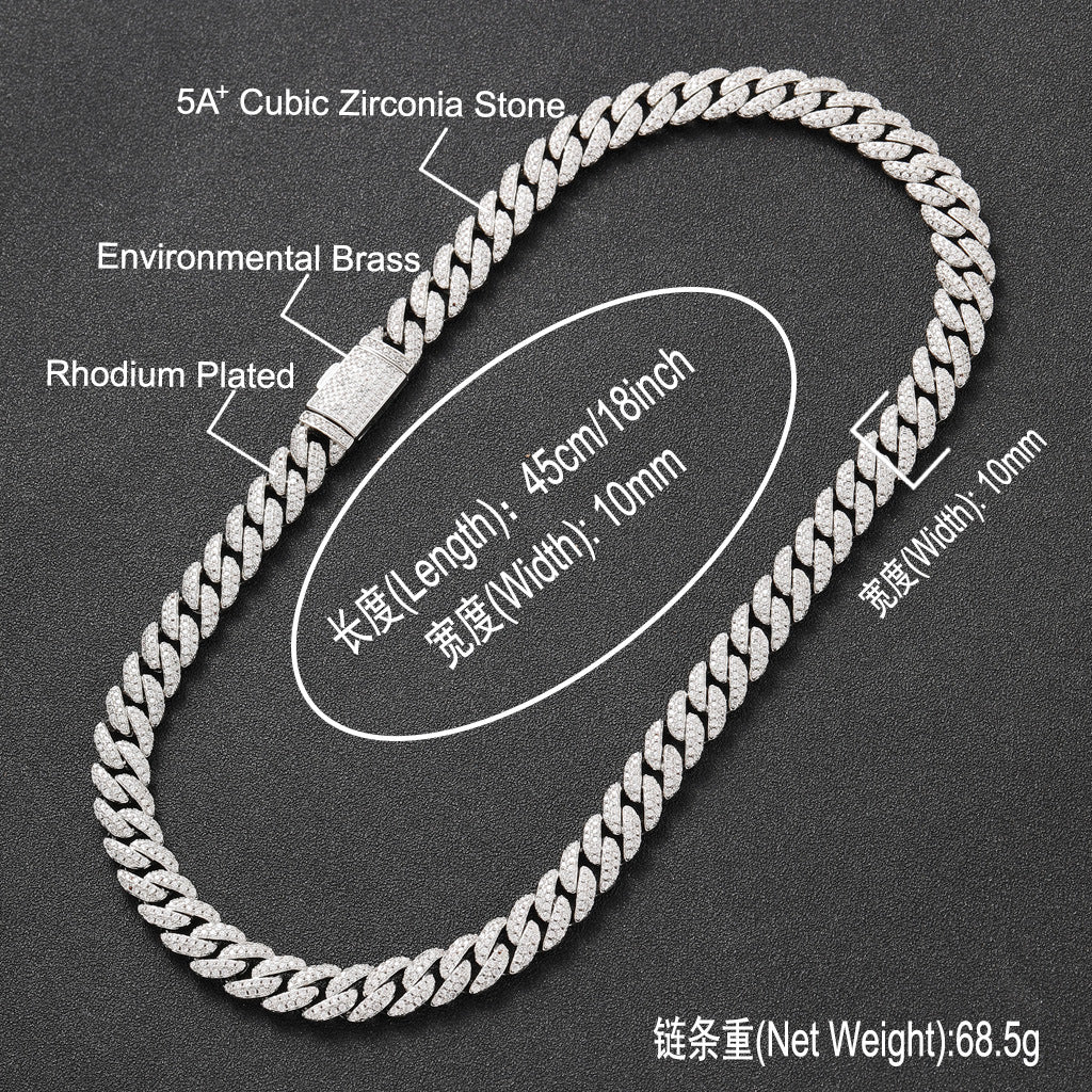 European American Necklace 10mm Double Row Zircon Cuban Link Chain Men Necklace Personality Hip Hop Fashion Jewelry