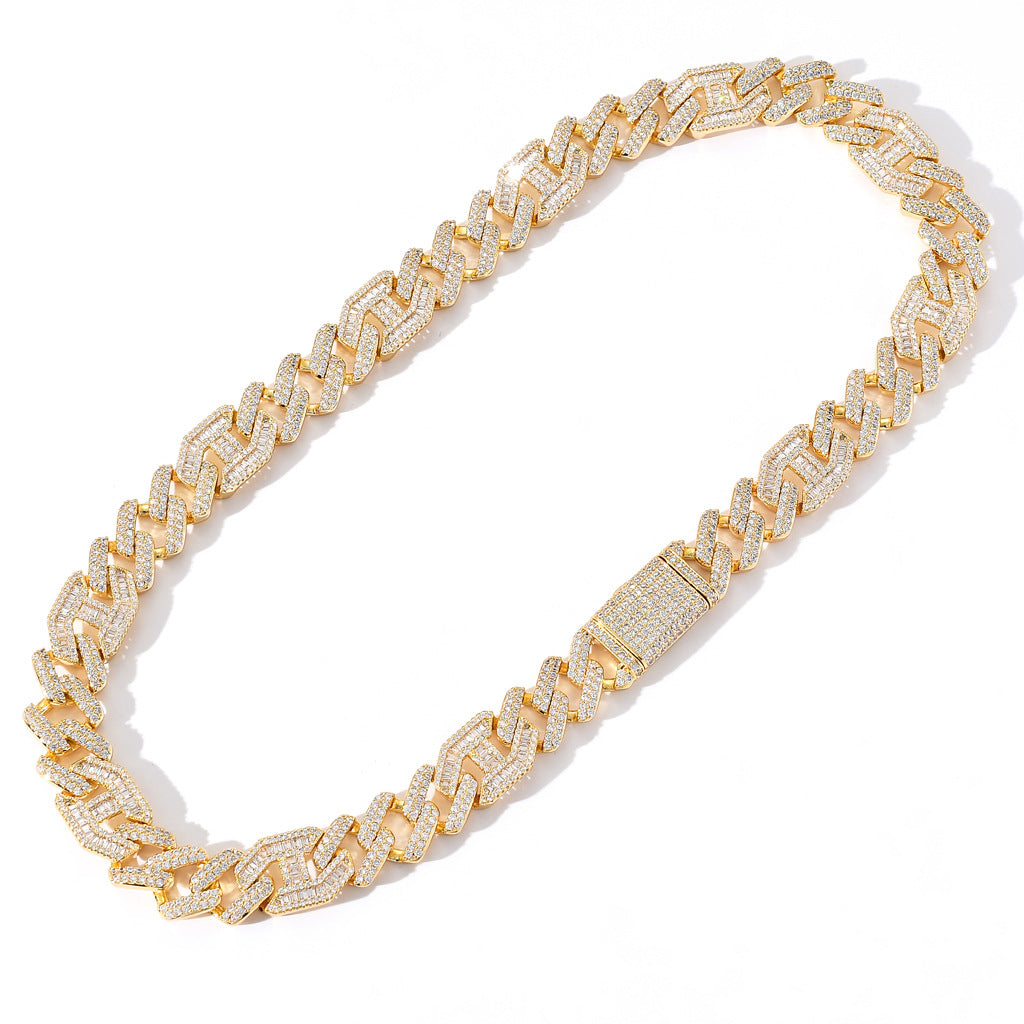 New Hip Hop Necklace 15MM Brass Zircon Two Colors Three To One Pig Nose Cuban Link Chain Necklace Jewelry