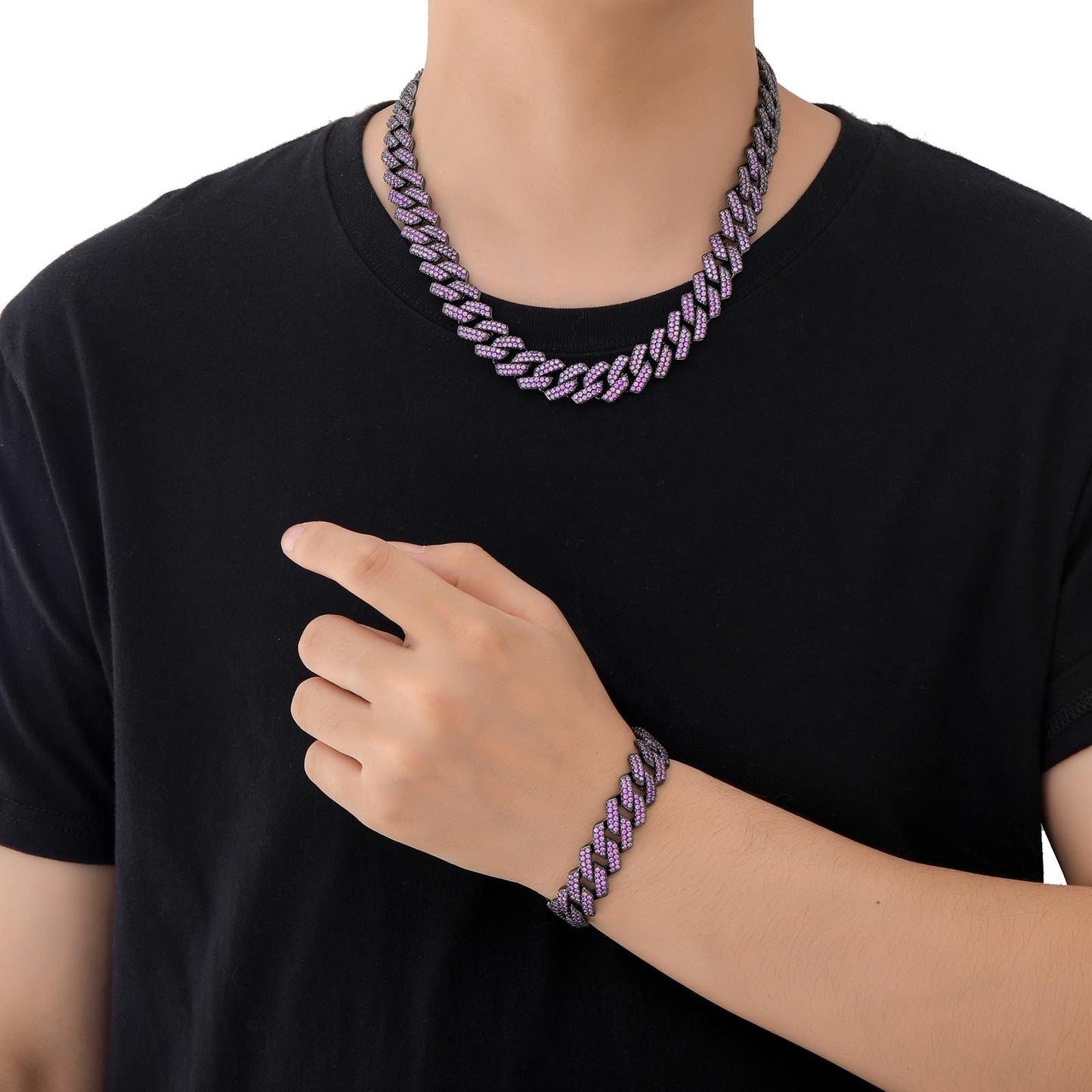 Products Hiphop Bracelet Men Purple Zircon 15mm Rhombus Cuban Chain Copper Inlaid Zircon Hip Hop Cuban Link Chain Bracelet