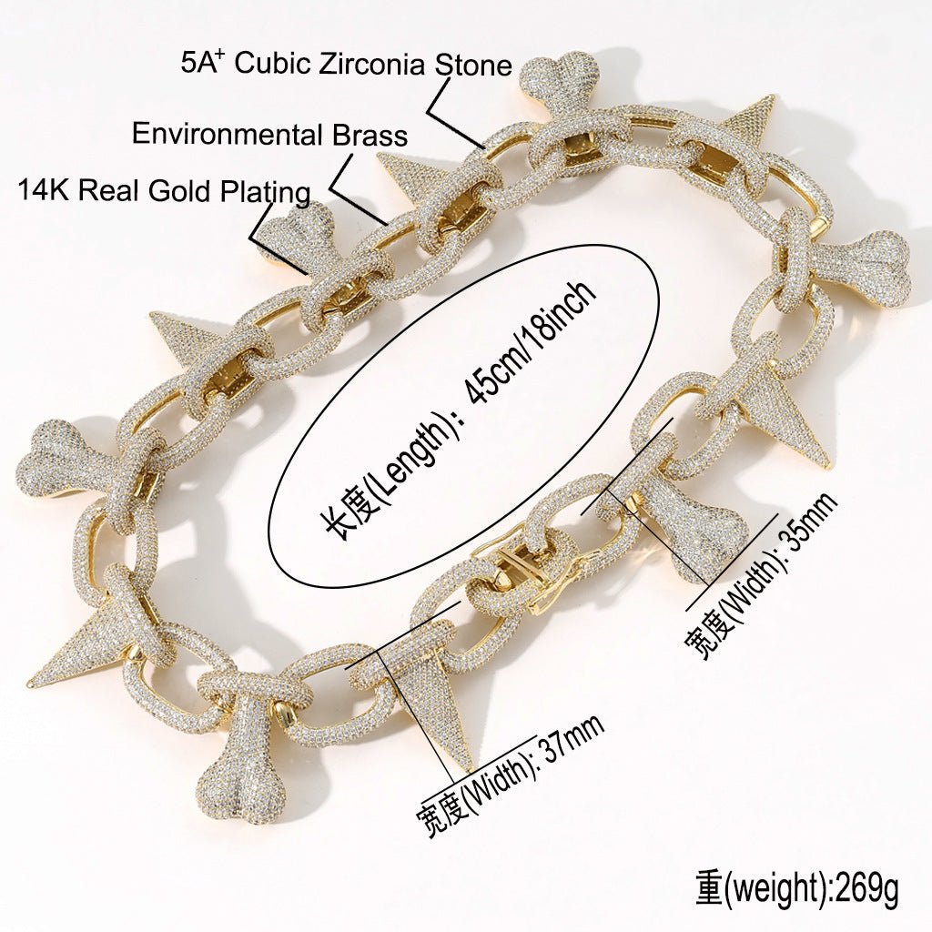 Bone Spiked Necklace Hip Hop Exaggerated Necklace Micro Pave Zircon Chain Jewelry