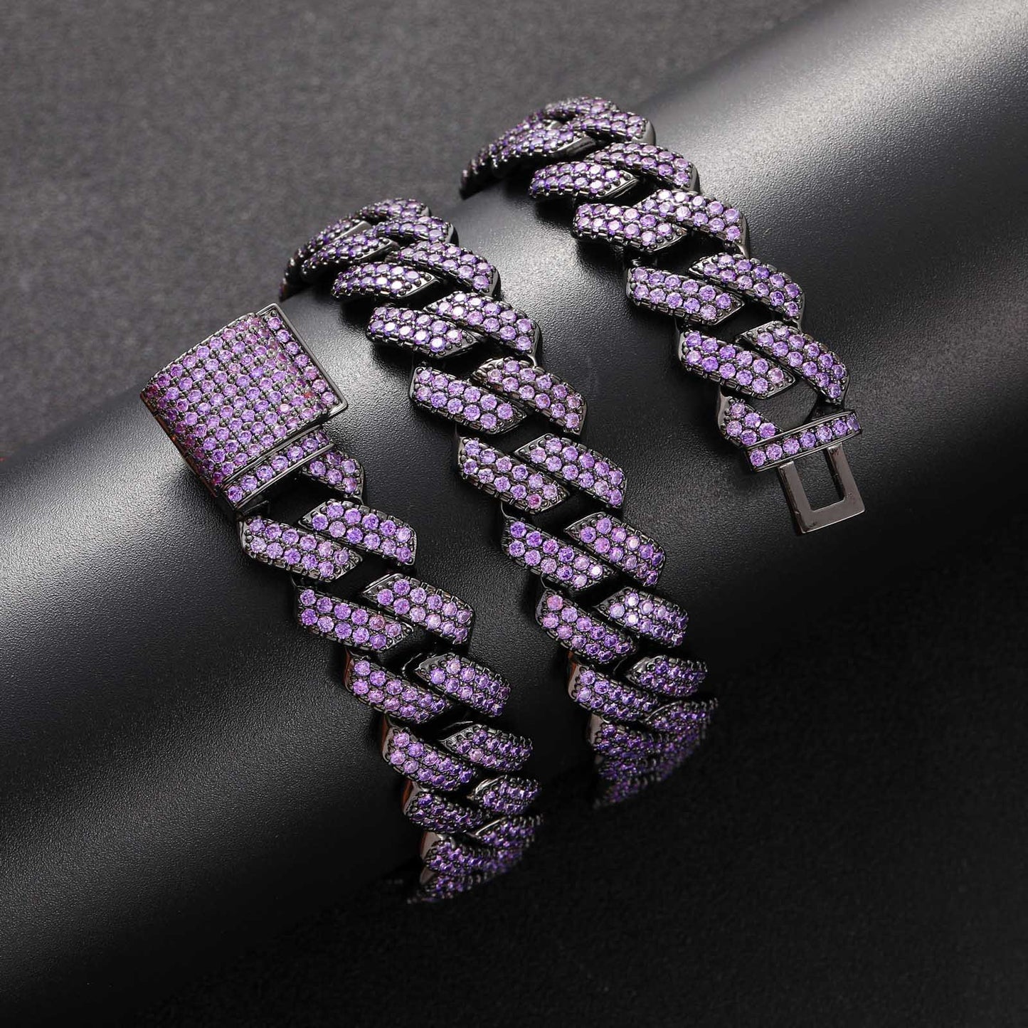 Hiphop Necklace Men Purple Zircon 15mm Rhombus Cuban Chain Copper Inlaid Zircon Hip Hop Cuban Link Chain Necklace