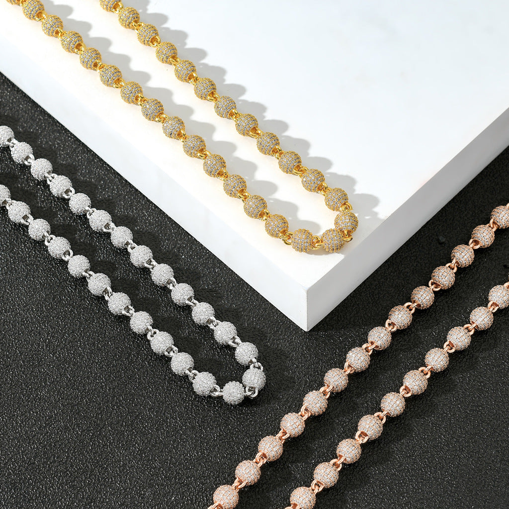 8MM Fashion 3D Round Bead Chain Copper Zircon Hip Hop Jewelry 14K Gold Spiked Womens Cuban Link Chain Necklaces