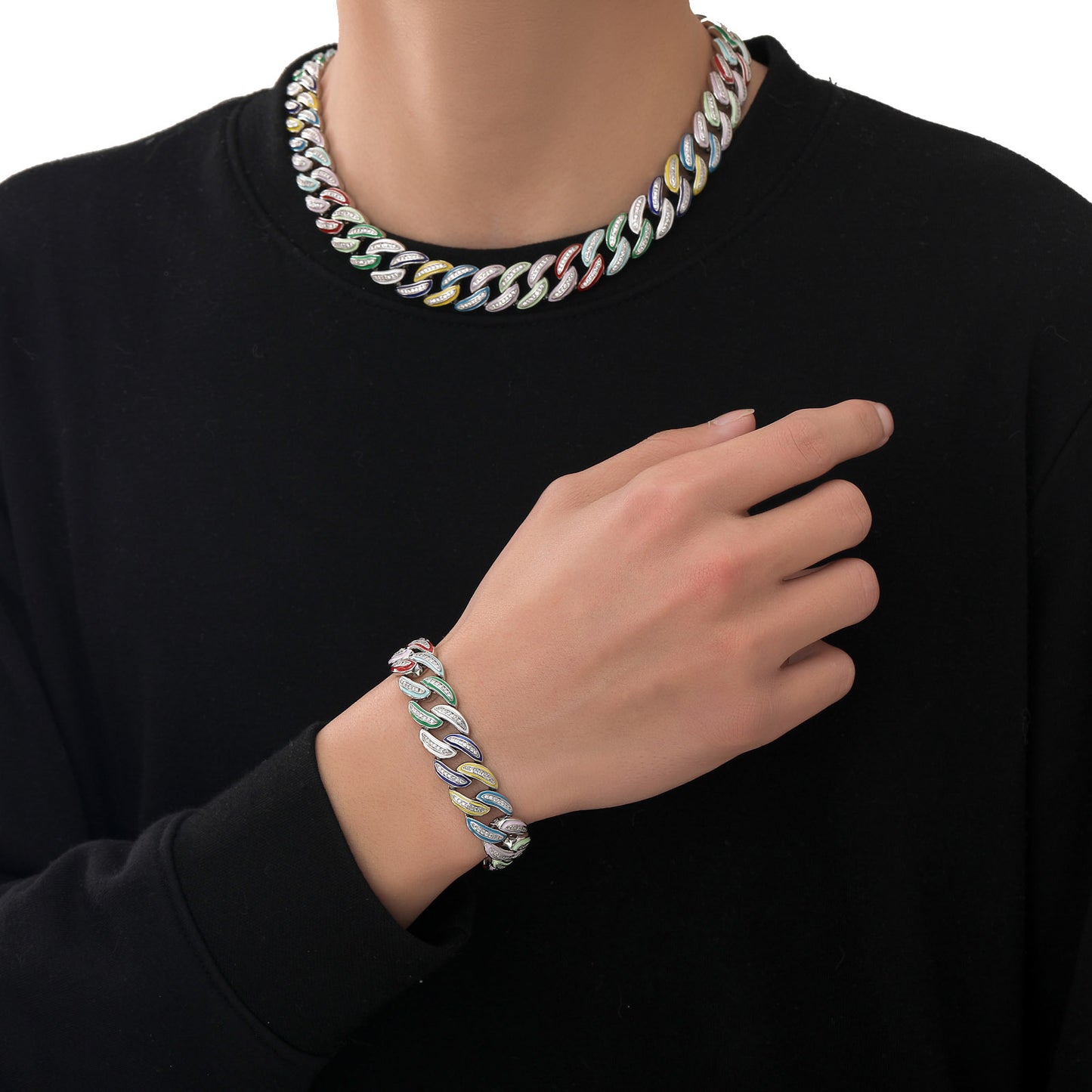 Real Iced Out Jewelry For Cheap Brass jewelry Gold Plated With Bling Zircon 15mm Rainbow Oil Women Men Cuban Chain Choker Necklace