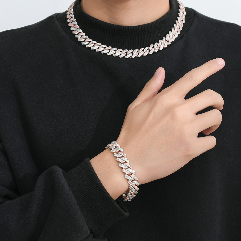 Hip Hop Two Tone 14mm White Gold Rose Gold Mixed Color Iced Out AAA Cubic Zircon Miami Cuban Bracelelt Jewelry
