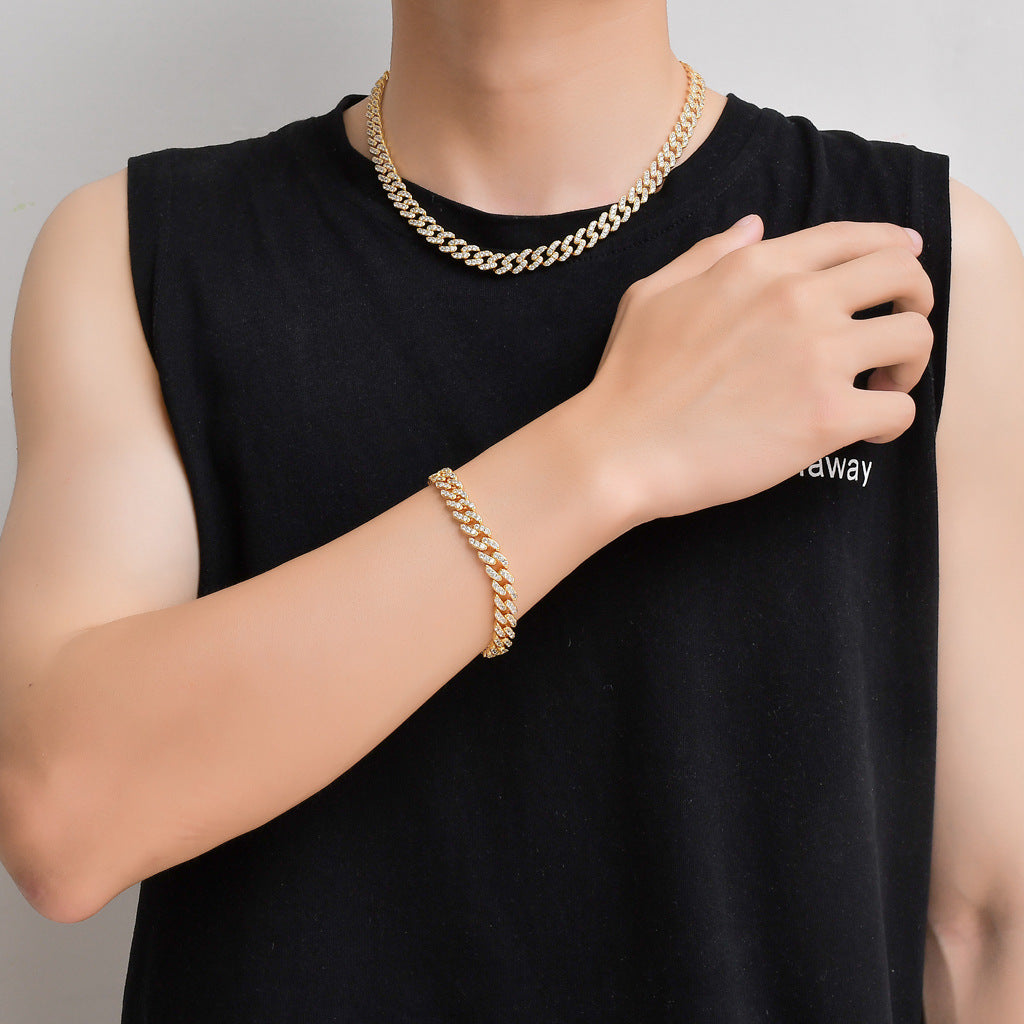 Hip Hop Fashion 9mm 1 Row White Zircon Rose Gold Iced Out Miami Cuban Link Chain Necklace Jewelry