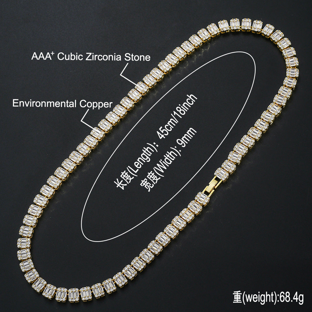 Baguette Cubic Zirconia Cz Tennis Chain Necklace Hip Hop Iced Out Bling Men Boy Rock Punk ICE Jewelry