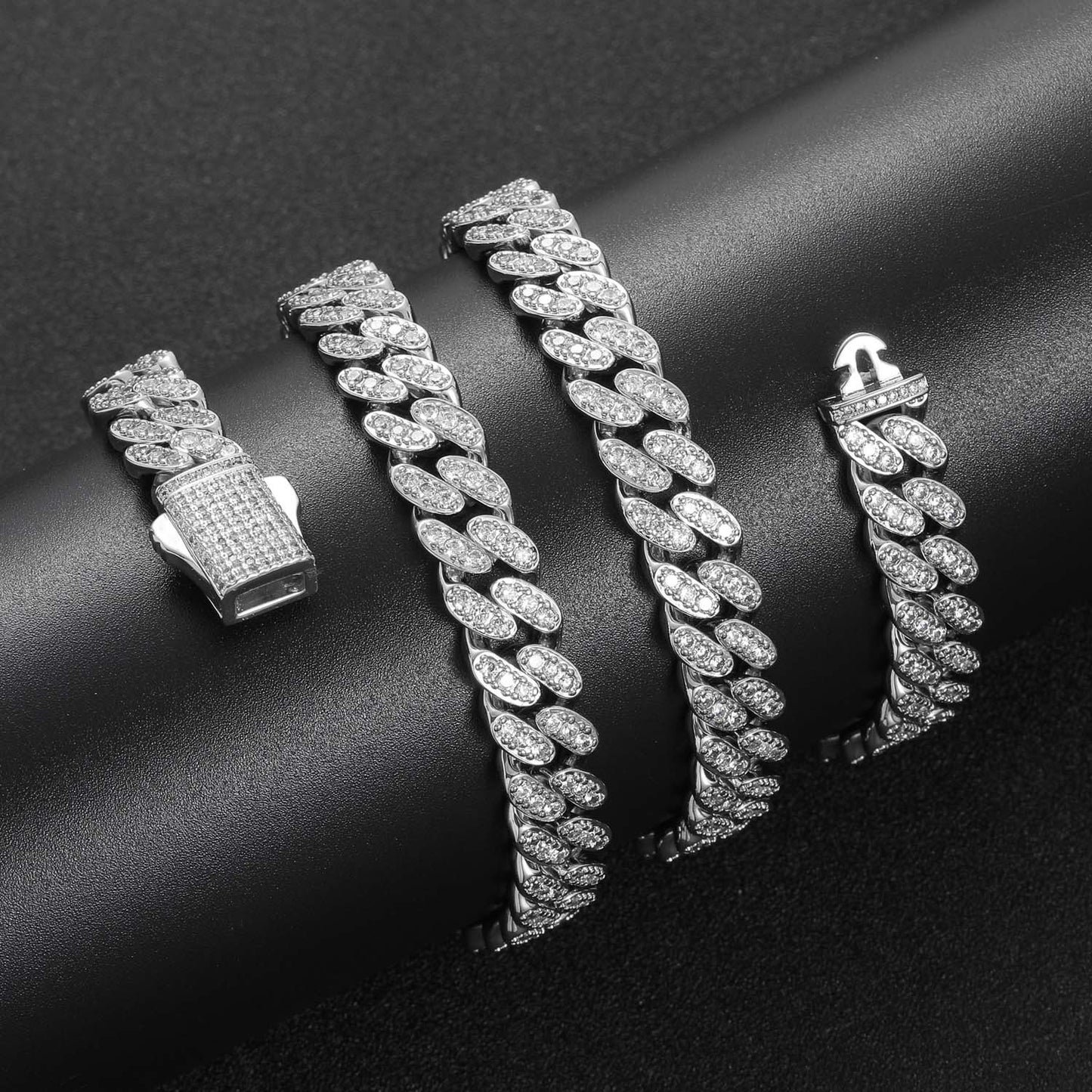 9mm Single Row Zircon Cuban Chain Spring Buckle Men's Personality Necklace Trendy Jewelry