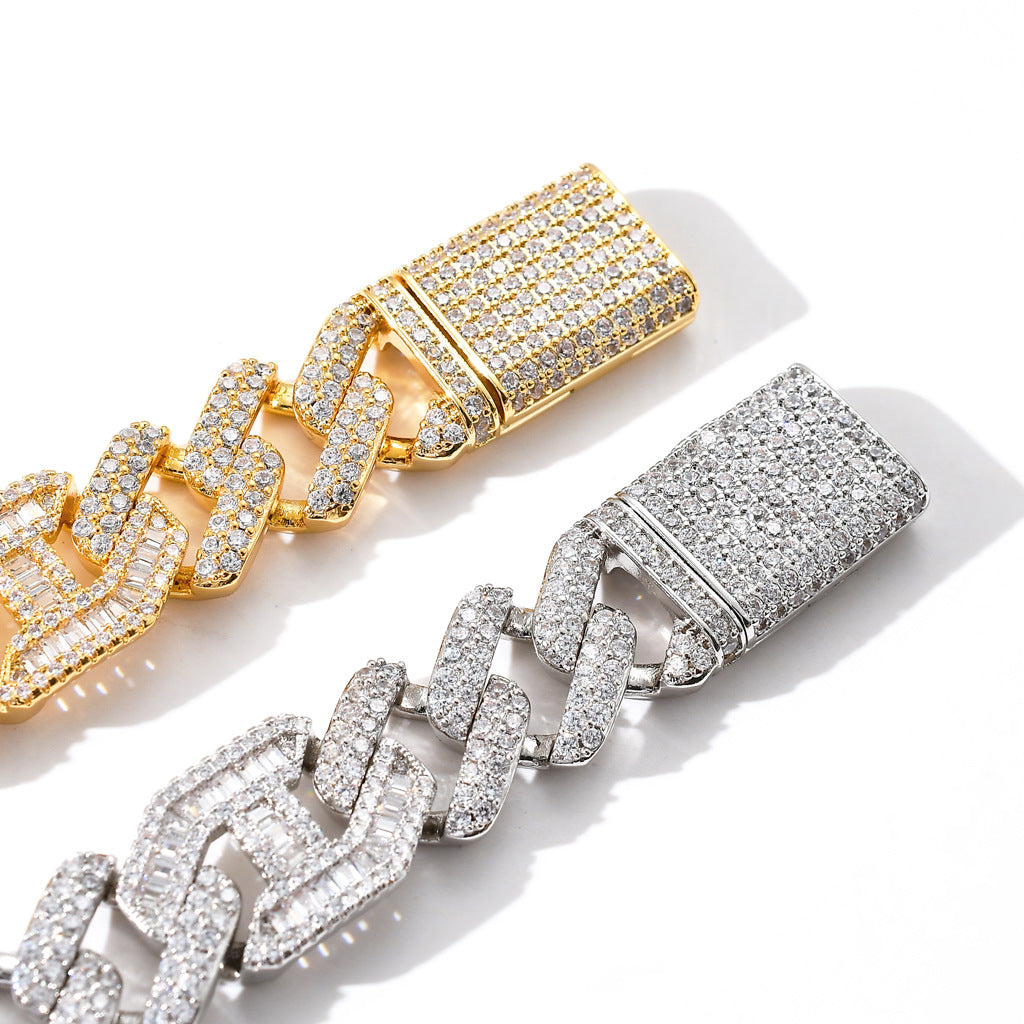 New Hip Hop Necklace 15MM Brass Zircon Two Colors Three To One Pig Nose Cuban Link Chain Necklace Jewelry