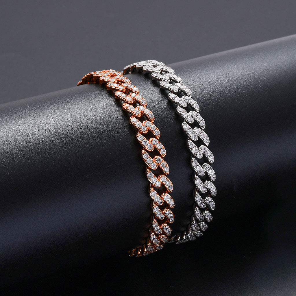 Hip Hop Fashion 9mm 1 Row White Zircon Rose Gold Iced Out Miami Cuban Link Chain Necklace Jewelry