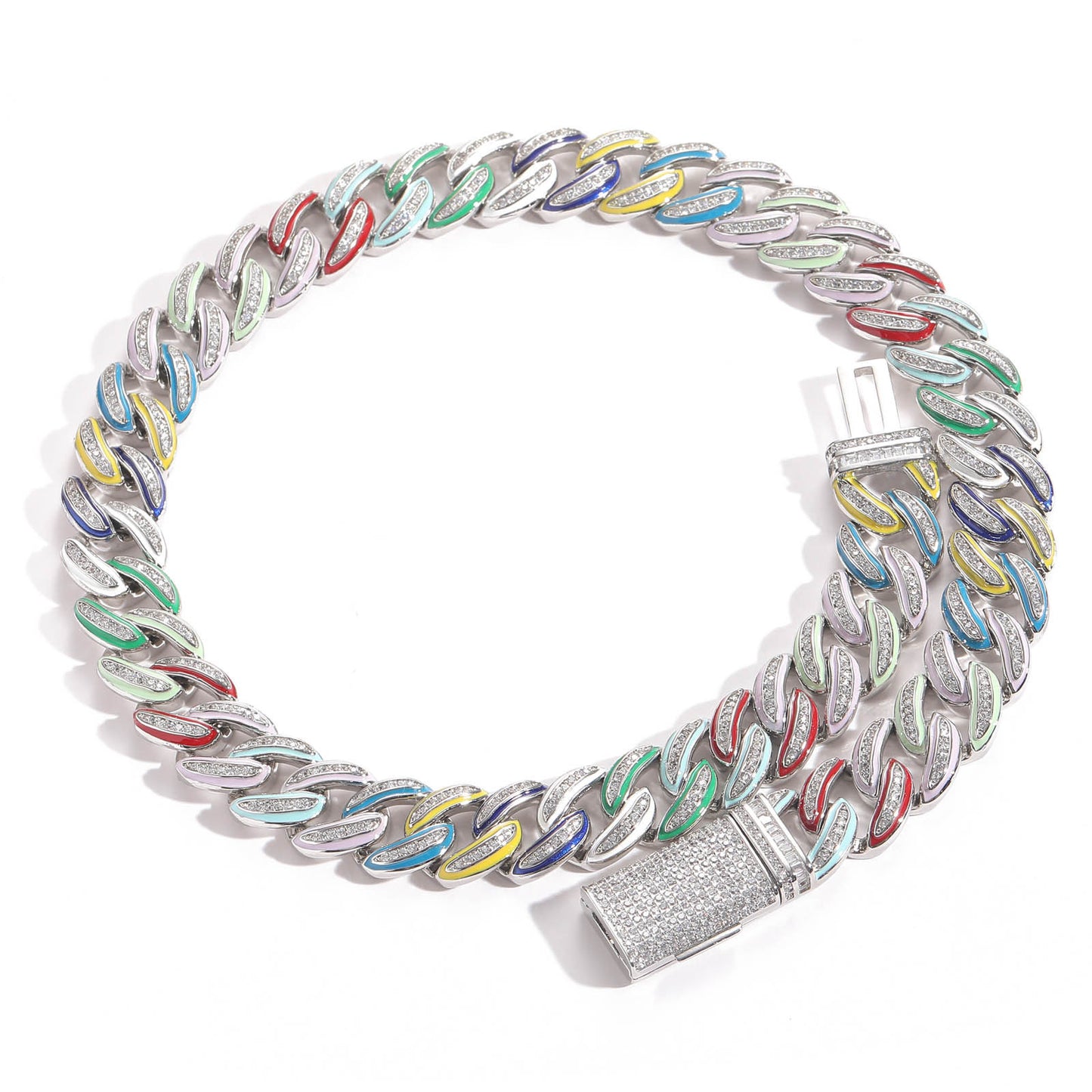 Real Iced Out Jewelry For Cheap Brass jewelry Gold Plated With Bling Zircon 15mm Rainbow Oil Women Men Cuban Chain Choker Necklace
