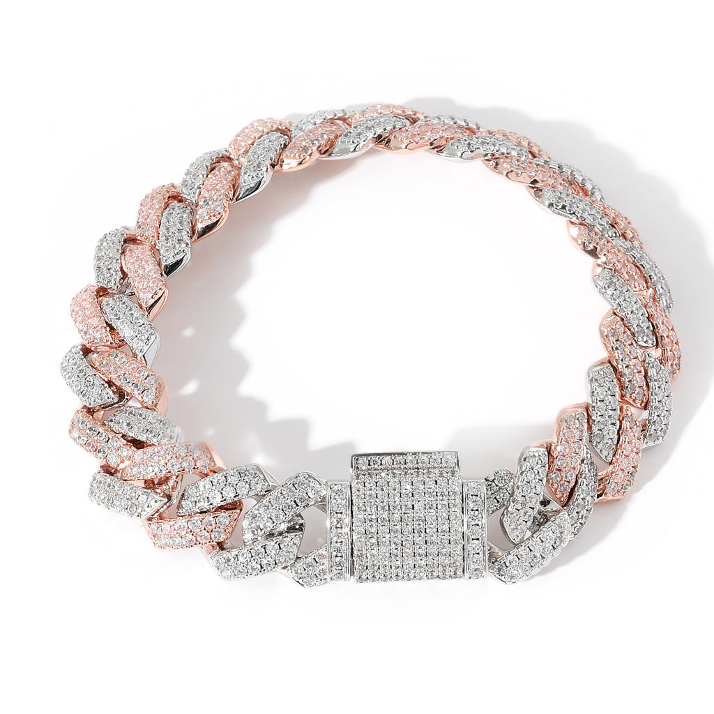 Hip Hop Two Tone 14mm White Gold Rose Gold Mixed Color Iced Out AAA Cubic Zircon Miami Cuban Bracelelt Jewelry