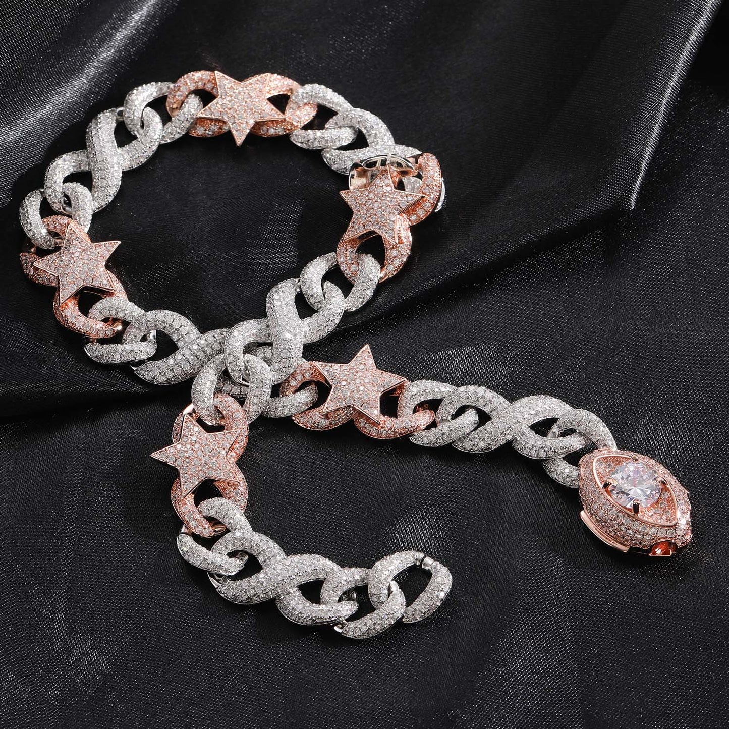 Hip Hop New Two Tone Five Pointed Star Eye Buckle Cuban Brass Micro Pave Cubic Zircon Punk Necklace