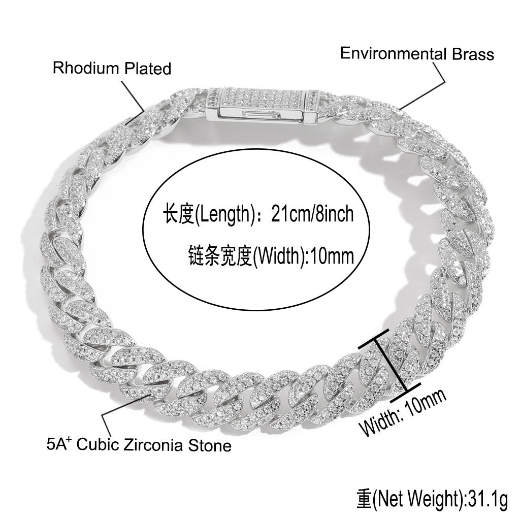 European American Bracelet 10mm Double Row Zircon Cuban Link Chain Men Bracelet Personality Hip Hop Fashion Bracelet Jewelry