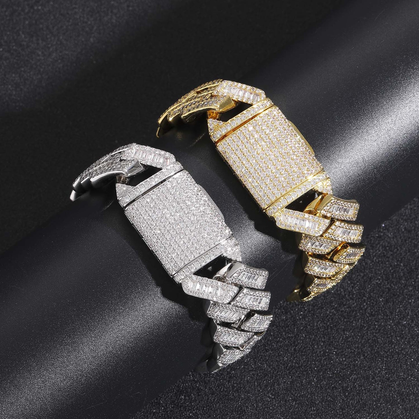 Hiphop 20mm Wide Domineering Square Round Zircon Rhombus Cuban Link Chain Personality Exaggerated Men Bracelet Jewelry