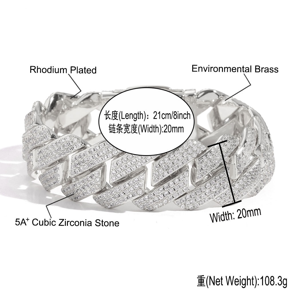 Hip Hop 20mm Three Row Brass Micro Pave ZIrcon Cuban Link Chain Thick Rhombus Full Diamond Men Bracelet Jewelry