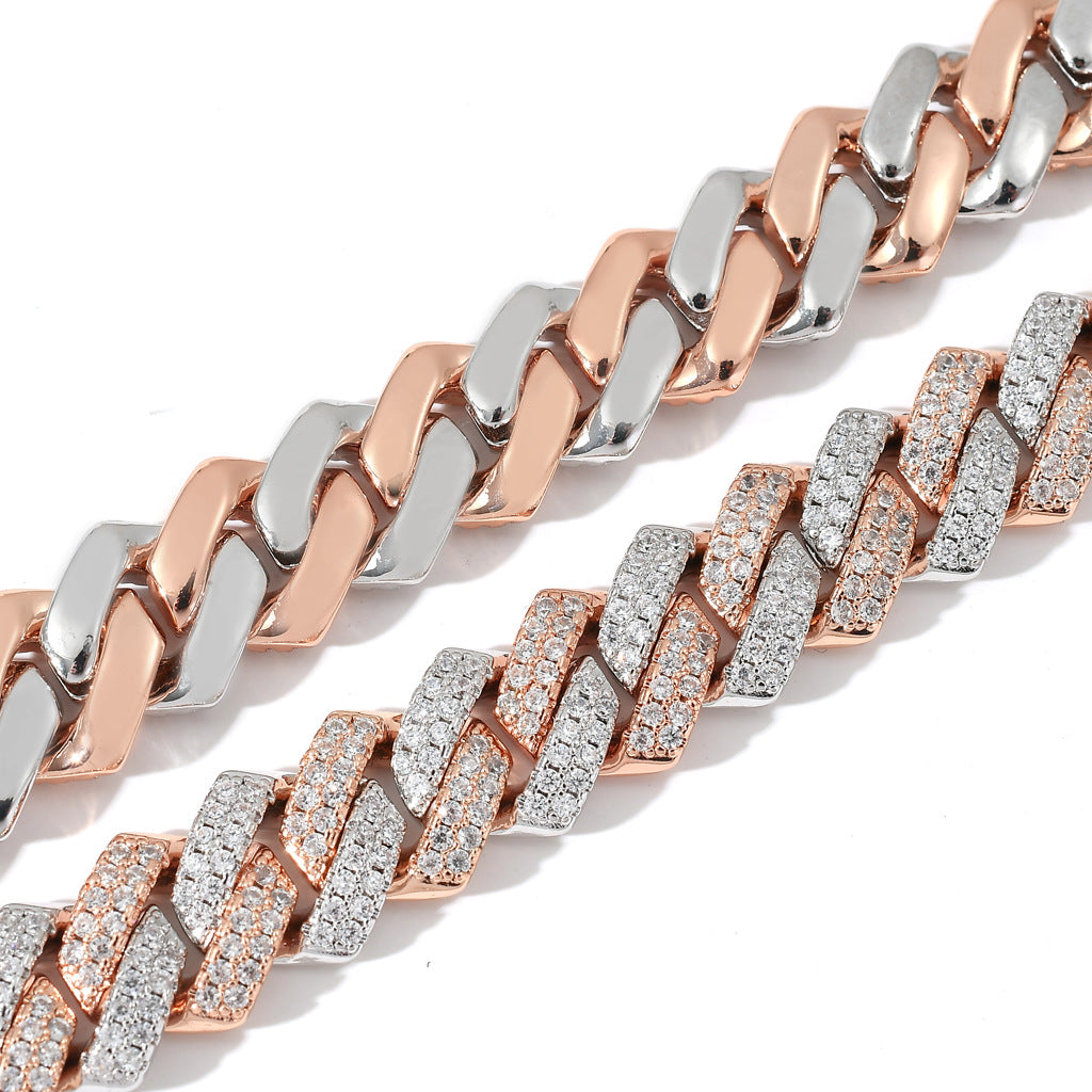 New 14mm White Gold Rose Gold Mixed Color Chocker Necklace From India Solid Gold Cuban Link Chain Necklace Jewelry