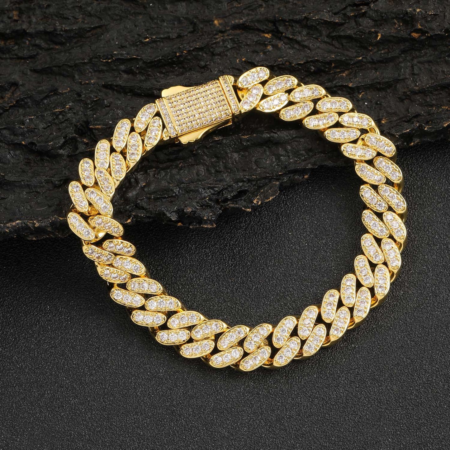 9mm Single Row Zircon Cuban Chain Spring Buckle Men Personality Bracelet Trendy Jewelry