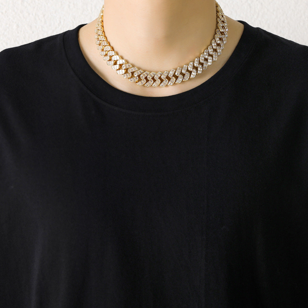 Hiphop Square Round Zircon Chain Mixed Diamond Cuban Link Chain Necklace Fashion Style Jewelry