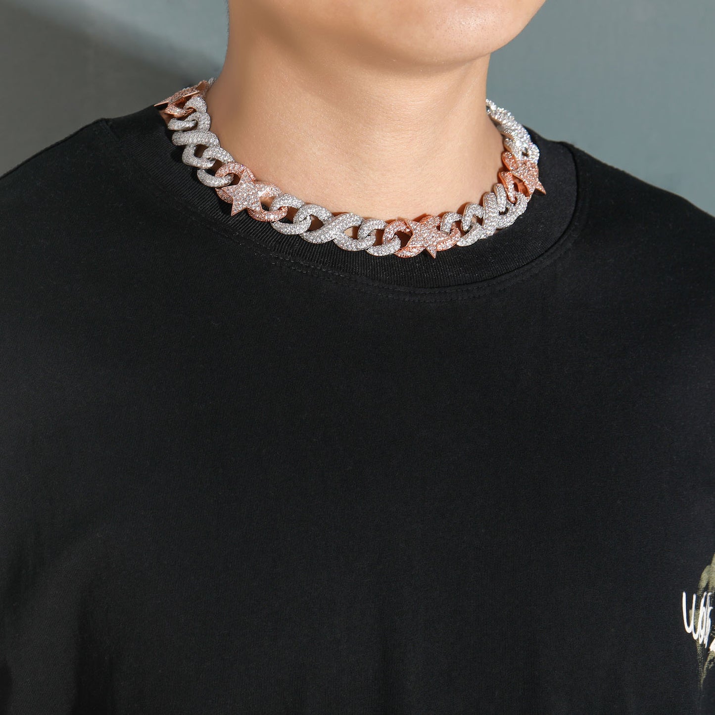 Hip Hop New Two Tone Five Pointed Star Eye Buckle Cuban Brass Micro Pave Cubic Zircon Punk Necklace
